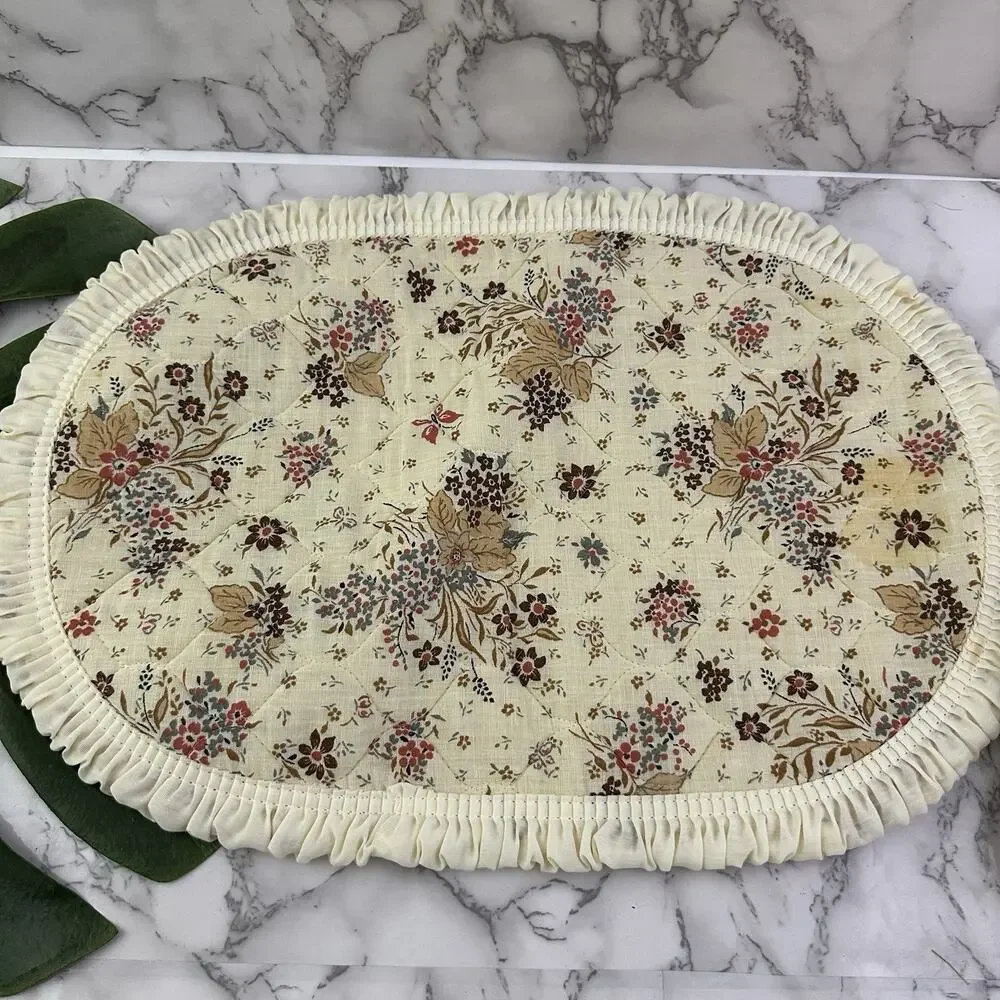 Vintage 80s Quilted Placemats Cloth Napkins Set of 4 Brown Floral Cottagecore